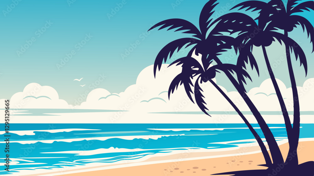 Tropical beach scene with palm trees, sandy shores, and clear blue skies with soft clouds, as the ocean waves gently lap against the coast Tropical beach scene with palm trees, sandy shores, and clear blue skies with soft clouds, as the ocean waves gently lap against the coast