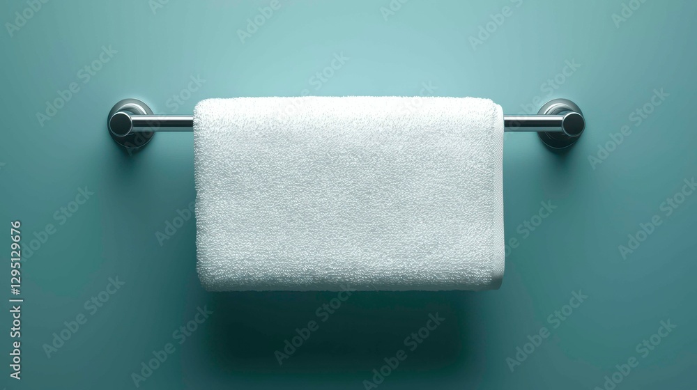 Obraz premium Clean White Cotton Towel Hanging on a Silver Towel Rack against a Light Blue Turquoise Wall Surface