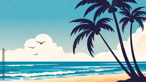 Tropical beach scene with palm trees  sandy shores  and clear blue skies with soft clouds  as the ocean waves gently lap against the coast