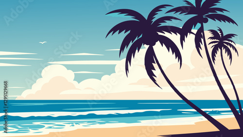 Tropical beach scene with palm trees  sandy shores  and clear blue skies with soft clouds  as the ocean waves gently lap against the coast