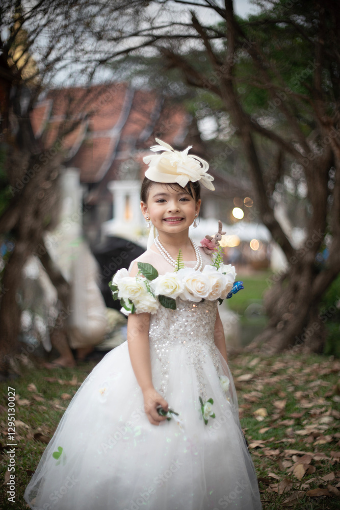 Adorable cute little baby girl wearing vintage clothes in a beautiful place.