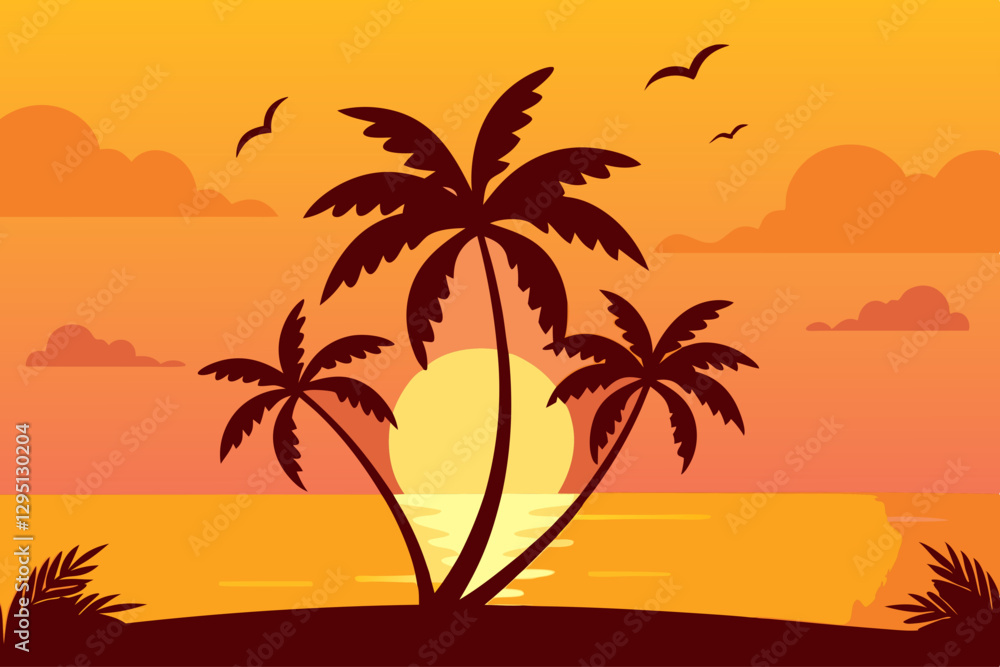 A tropical island sunset featuring palm trees silhouetted against a vibrant orange sky with birds flying across the horizon A tropical island sunset featuring palm trees silhouetted against a vibrant orange sky with birds flying across the horizon