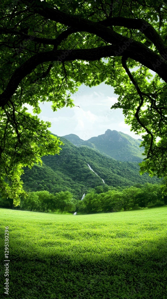 Fototapeta premium Lush Green Meadow Embraced by Tree Canopy Serene Mountain Backdrop Tranquil Outdoor Scene
