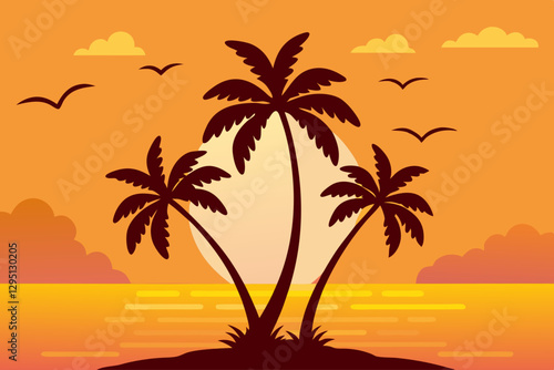 A tropical island sunset featuring palm trees silhouetted against a vibrant orange sky with birds flying across the horizon