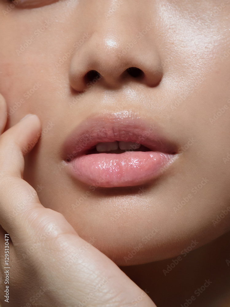 Obraz premium 健康的でクリーンな肌をもつ日本人女性の唇と口元のクローズアップ