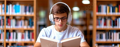 Serene Student Immersed in Reading at Library with Headphones Enjoying Quiet Study Time photo