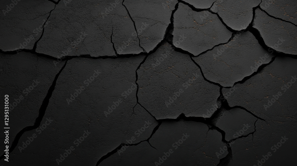 Obraz premium Cracked black surface with deep fissures and textured details, creating dramatic and moody atmosphere. Ideal for backgrounds or artistic projects