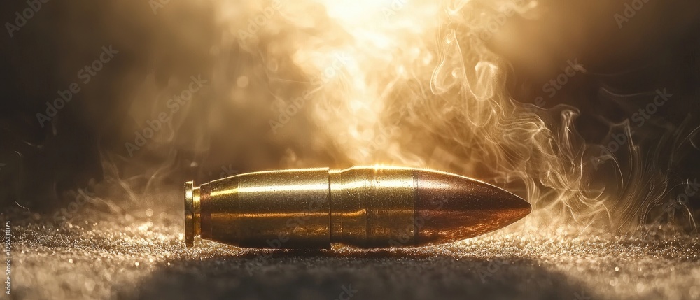 A close-up of a golden bullet on a surface, surrounded by smoke and soft light, creating a dramatic and intense atmosphere. A close-up of a golden bullet on a surface, surrounded by smoke and soft light, creating a dramatic and intense atmosphere.