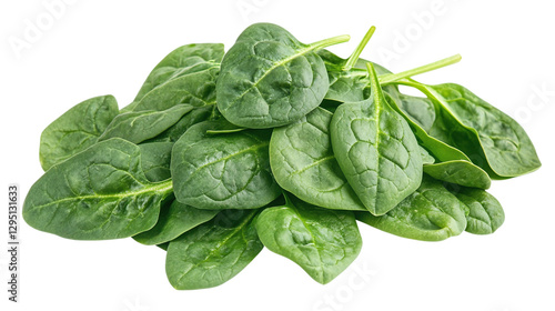 Fresh green spinach leaves isolated on transparent background in png format for healthy eating and organic food design projects.