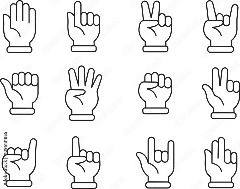 Fototapeta premium Hand gestures line icon set. Handshake, Clapping hands, Victory vector collection isolated. Horns, Thumb up finger, drag and drop icons. Donation hand gestures, middle finger, helping hand.