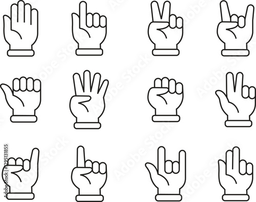Hand gestures line icon set. Handshake, Clapping hands, Victory vector collection isolated. Horns, Thumb up finger, drag and drop icons. Donation hand gestures, middle finger, helping hand.
