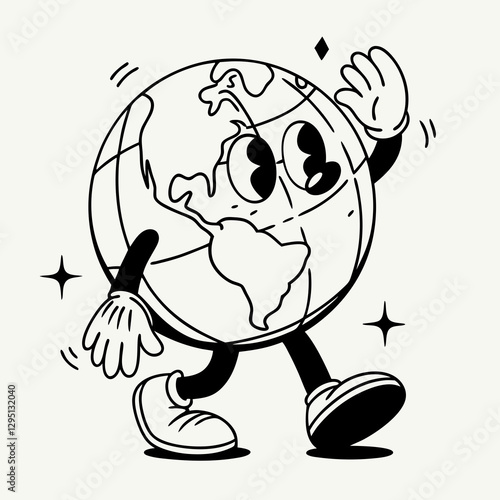 Cartoon globe character walking happily, waving with a joyful expression, animated earth figure, lively and friendly world mascot