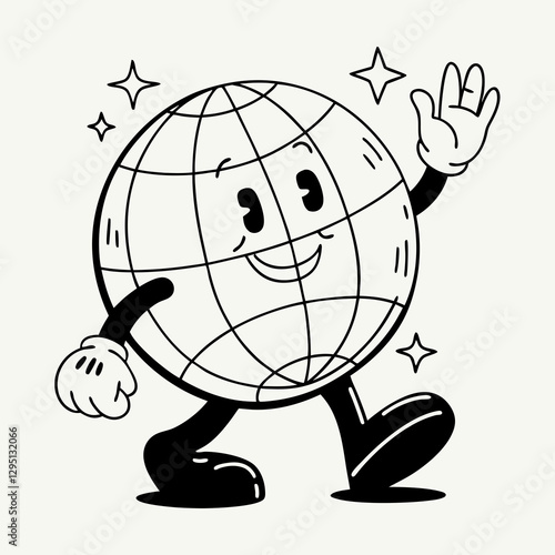 Cartoon globe character walking happily, waving with a joyful expression, animated earth figure, lively and friendly world mascot