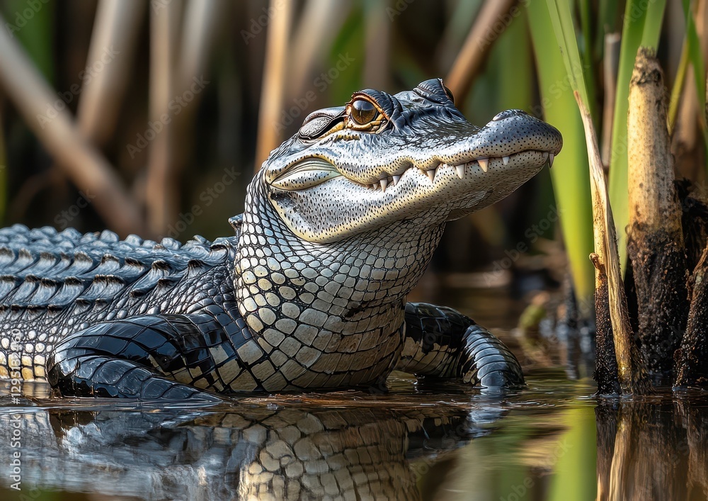 Fototapeta premium Close-Up of a Crocodile Emerging from Water Surrounded by Green Grasses in a Natural Habitat During Daylight
