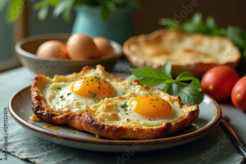 Rustic Easter breakfast buffet with colorful eggs, natural, photography, vintage photo