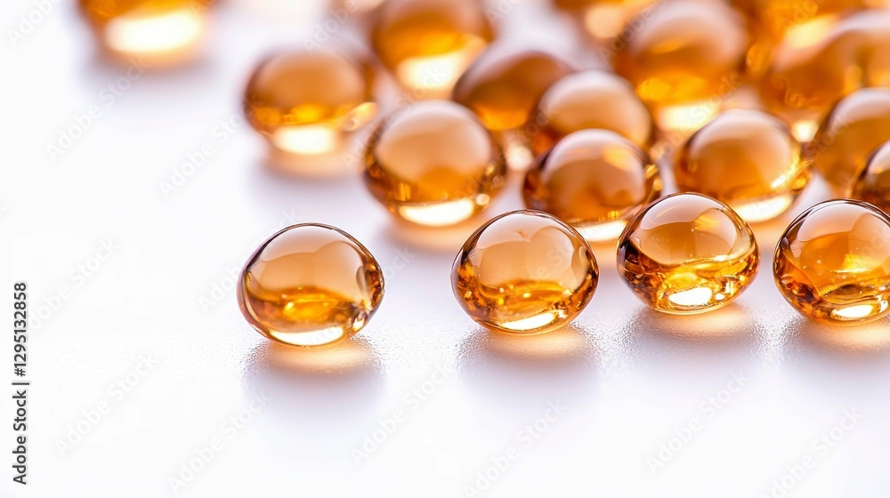 Golden Gel Capsules on a White Surface with Subtle Reflections and Delicate Shadow Play Design Golden Gel Capsules on a White Surface with Subtle Reflections and Delicate Shadow Play Design