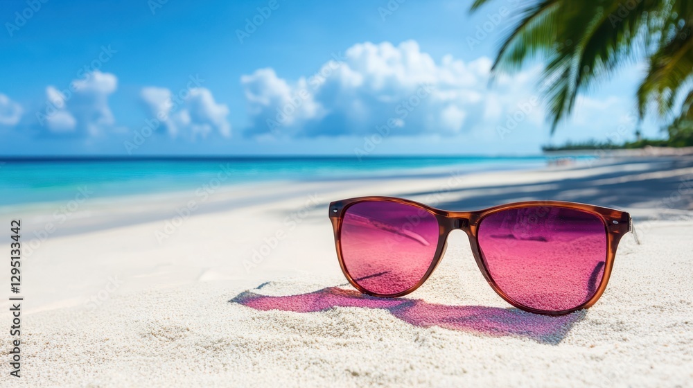 A pair of sunglasses rests on sandy beach, framed by a vibrant palm tree under a clear sky, evoking a tropical paradise atmosphere. A pair of sunglasses rests on sandy beach, framed by a vibrant palm tree under a clear sky, evoking a tropical paradise atmosphere.