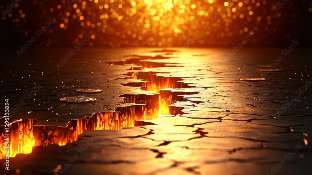 Fiery Crack in the Earth's Surface with Glowing Embers and Scattered Coins Fiery Crack in the Earth's Surface with Glowing Embers and Scattered Coins