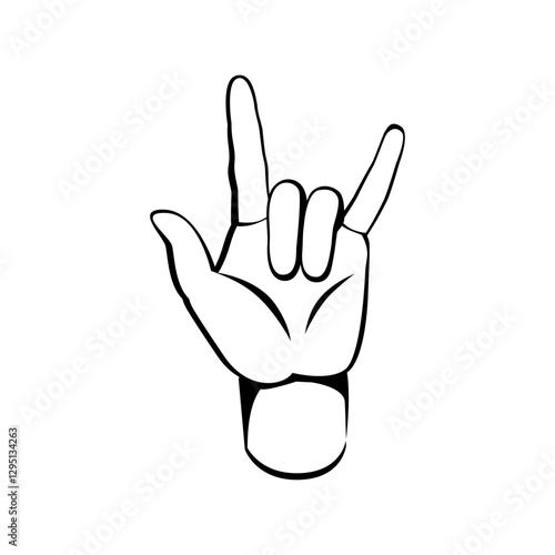 Hand drawn illustration of devil horns hand gesture. Heavy metal. Rock on festival. sketch out line
