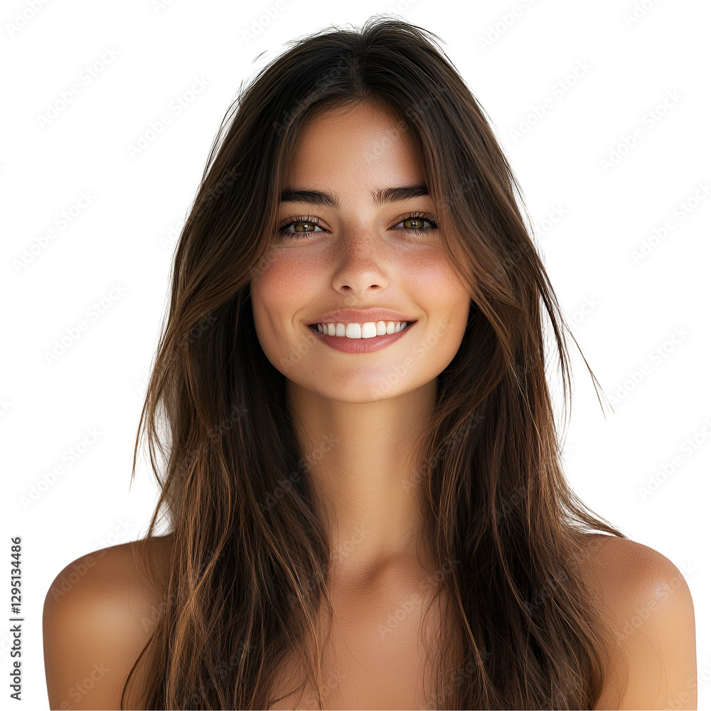 A young european woman with long, sleek, dark brown hair is gently caring for her hair. A young european woman with long, sleek, dark brown hair is gently caring for her hair.