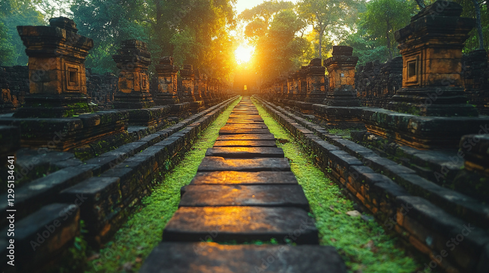 Naklejka premium The serene charm of ancient temple ruins illuminated by sunlight, showcasing a blend of history, peace, and timeless beauty in a modern light