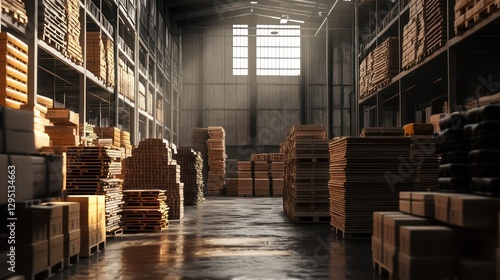 Wallpaper Mural Sunlit warehouse interior, stacked boxes, industrial storage Torontodigital.ca