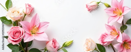 Soft pastel colored blossoms, including roses and lilies, arranged artfully on stark white backdrop , nature, elegant