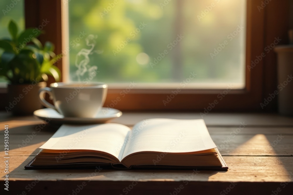Fototapeta premium Steaming coffee & closed travel journal on wood table, serene scene, calm, tabletop