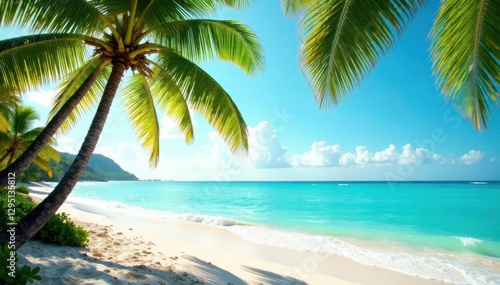 Sun-drenched palm trees arch over turquoise ocean waves on a pristine beach , summer, getaway