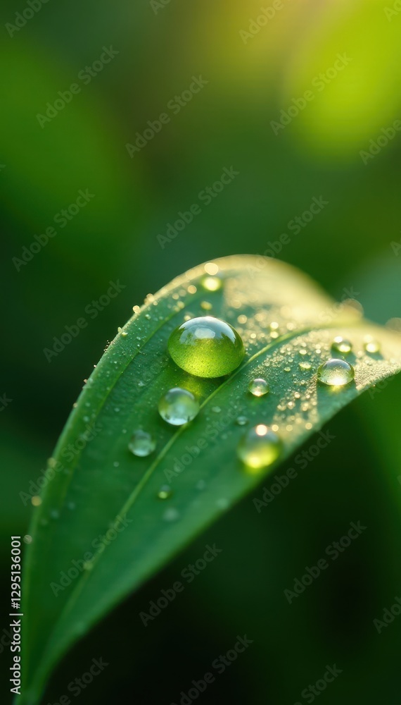 Sunlit dew drops on a leaf, flash reveals glistening surface, vivid, drop, light Sunlit dew drops on a leaf, flash reveals glistening surface, vivid, drop, light