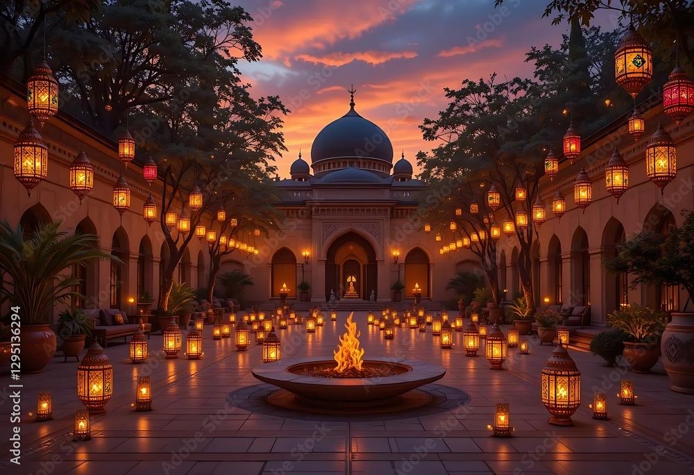 Naklejka premium Mosque Courtyard: Warm Sunset, Lanterns, and Enchanting Ambiance
