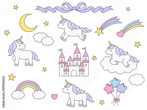 かわいいユニコーンのベクターイラストセット。馬、虹、流れ星、風船、リボン、お城、線