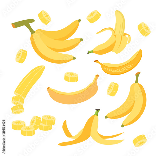 Cartoon bananas set. Vector banana icons, half peeled and slice banana snack, bunch of bananas. Yellow tropical fruits. Exotic sweet desserts. Healthy vegan food illustration.