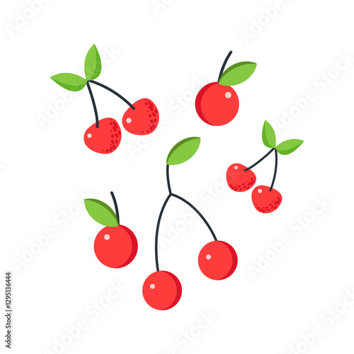 Cartoon cherries. Ripe and bunches of cherry, set of tasty healthy red berries with green leaves flavored delicious dessert isolated vector illustration