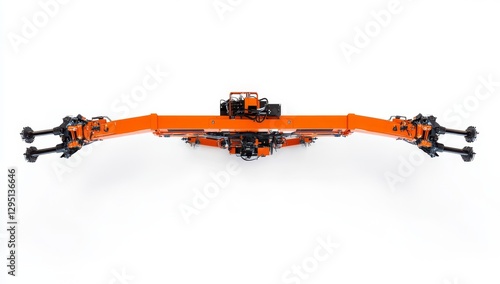 Overhead view of orange industrial crane on white background photo