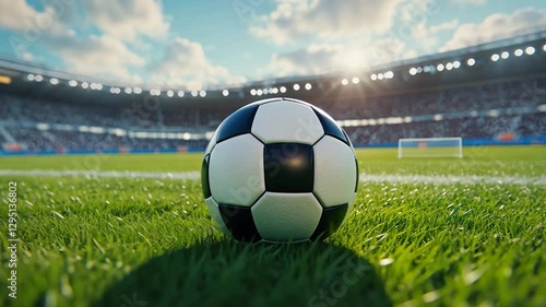 Soccer ball on field, stadium background