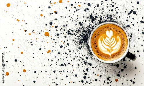 Latte art coffee on white surface with black, orange splatters, top view, beverage ad