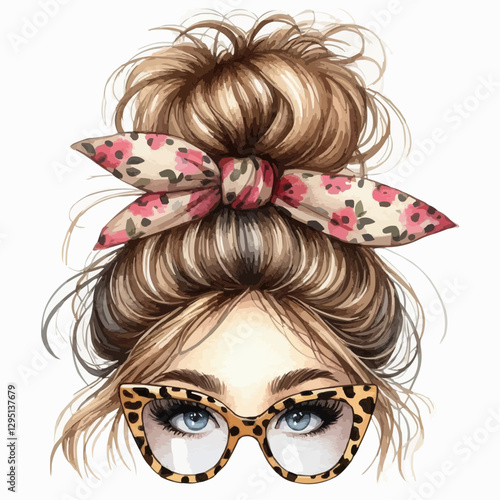 A woman face wearing a messy bun and sunglasses 