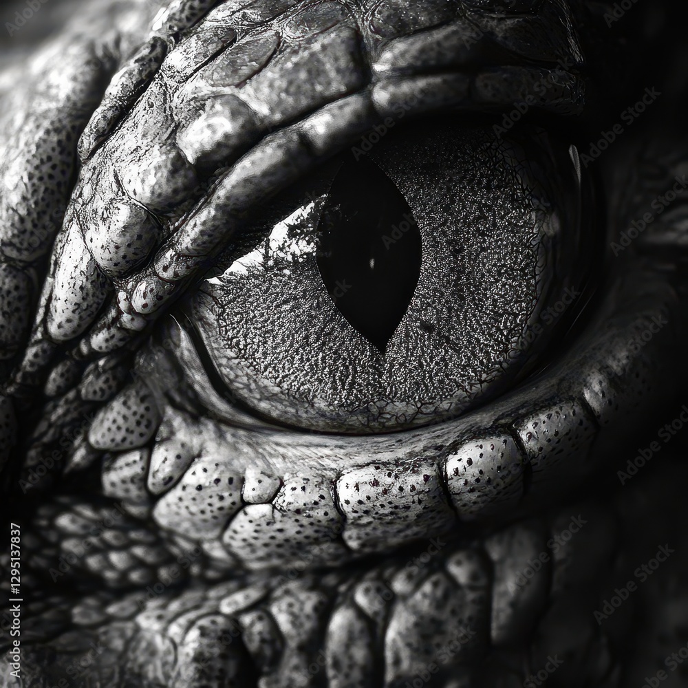 Fototapeta premium Close-Up of a Lizard Eye Illustrating Intricate Scale Patterns and Unique Texture in Monochrome Black and White Photography