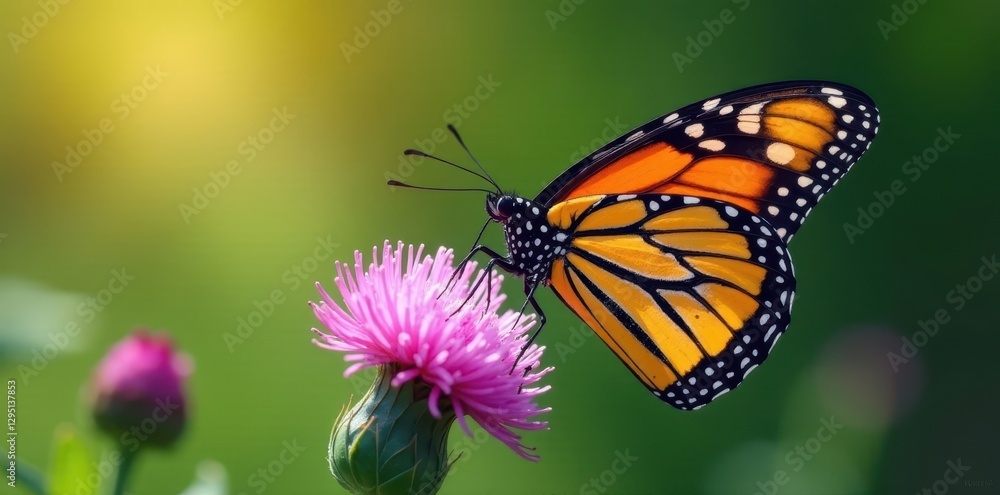 Vibrant monarch butterfly on blooming purple thistle, delicate, monarch Vibrant monarch butterfly on blooming purple thistle, delicate, monarch