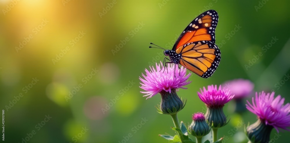 Vibrant monarch butterfly on blooming purple thistle, nature, thistle, insect wing Vibrant monarch butterfly on blooming purple thistle, nature, thistle, insect wing