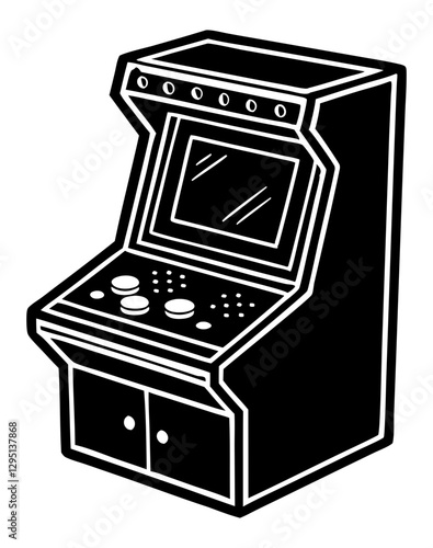 Black and white illustration of a classic arcade machine, depicted in a simple, graphic style with clean lines and a solid fill.