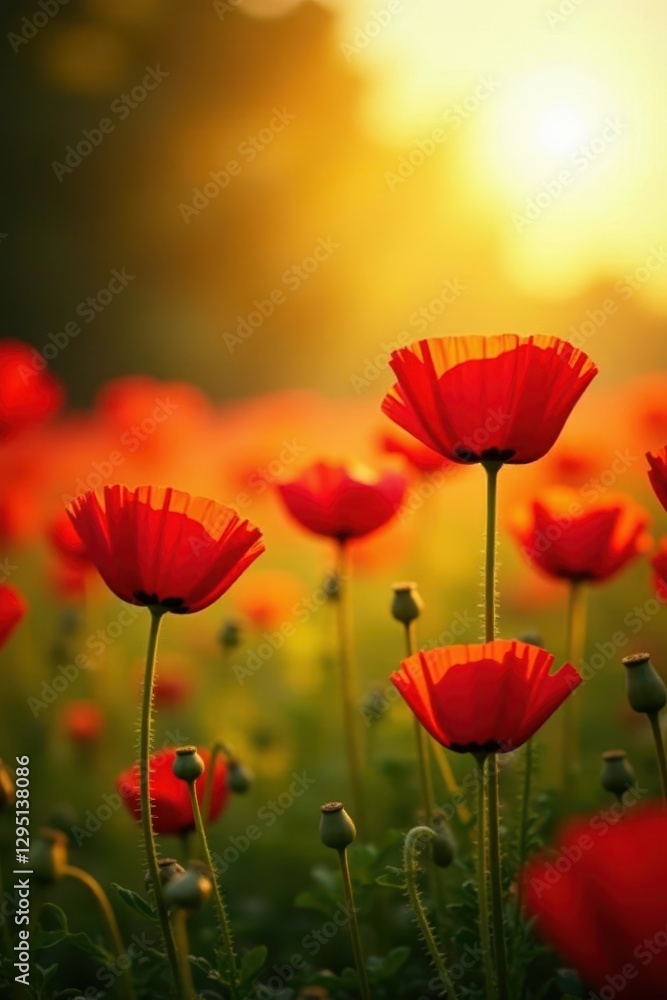 Fototapeta premium Vibrant red poppies bathed in golden sunlight , photography, poppy field