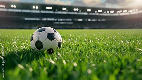 Soccer ball on stadium grass, sunset