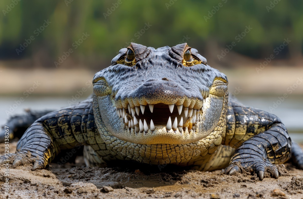 Fototapeta premium Close-Up of a Lurking Crocodile with Intimidating Teeth in Natural Habitat Near Water in Lush Greenery During Daylight Hours