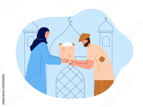 Hijab girl giving alms to others Illustration. Moslem illustration. Flat vector illustration concept.