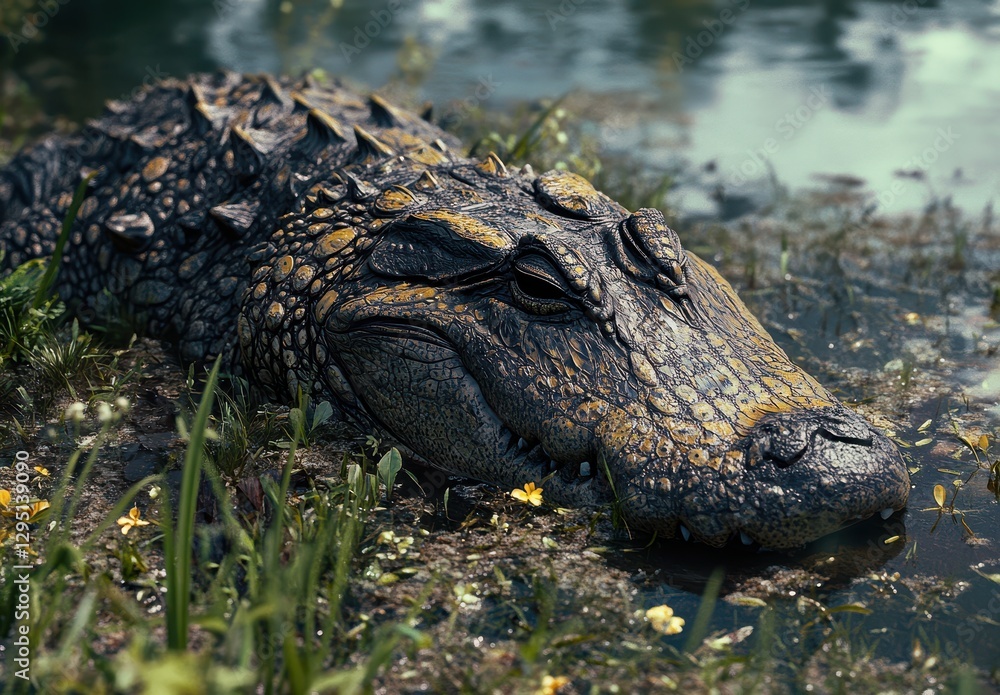 Fototapeta premium Close-Up of a Majestic Alligator Lying on the Bank of a Serene Wetland Surrounded by Lush Greenery and Water, Capturing Nature's Raw Beauty Outdoors