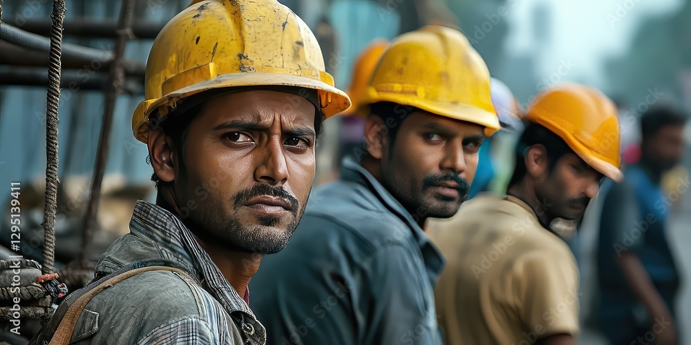 A group of construction workers wearing helmets and safety gear, working on a new building project. A group of construction workers wearing helmets and safety gear, working on a new building project.