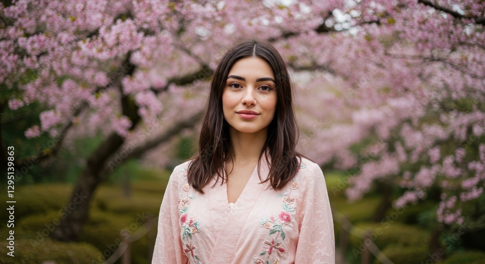 Portrait of Woman in Traditional Clothing with Cherry Blossoms in Bloom, Perfect for Travel and Lifestyle Themes Portrait of Woman in Traditional Clothing with Cherry Blossoms in Bloom, Perfect for Travel and Lifestyle Themes