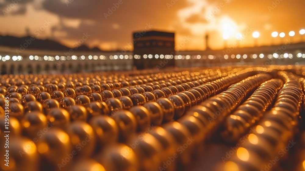 Fototapeta premium The Kaaba sits amongst many reflective golden prayer beads